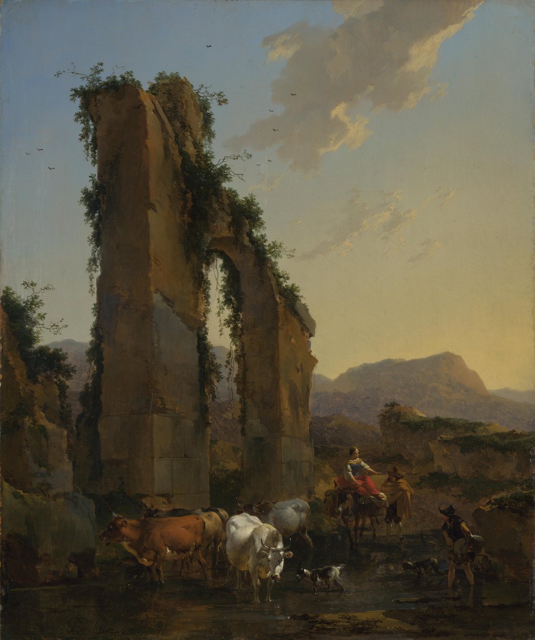 Bauern mit Vieh an einem zerstörten Aquädukt von Nicolaes Pietersz. Berchem