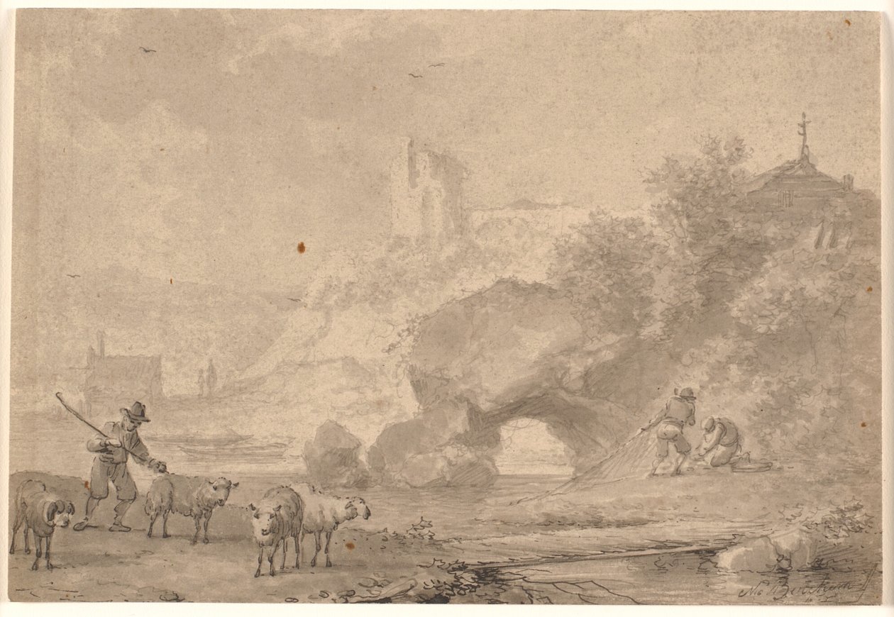 Schäfer und Fischer in einer südlichen Flusslandschaft von Nicolaes Berchem