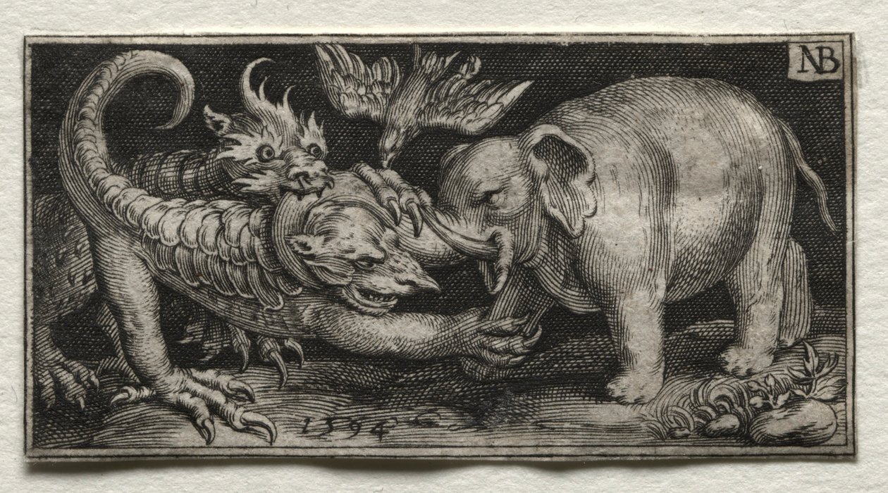 Elefant kämpft gegen zwei Bestien, 1594 von Nicolaes de Bruyn