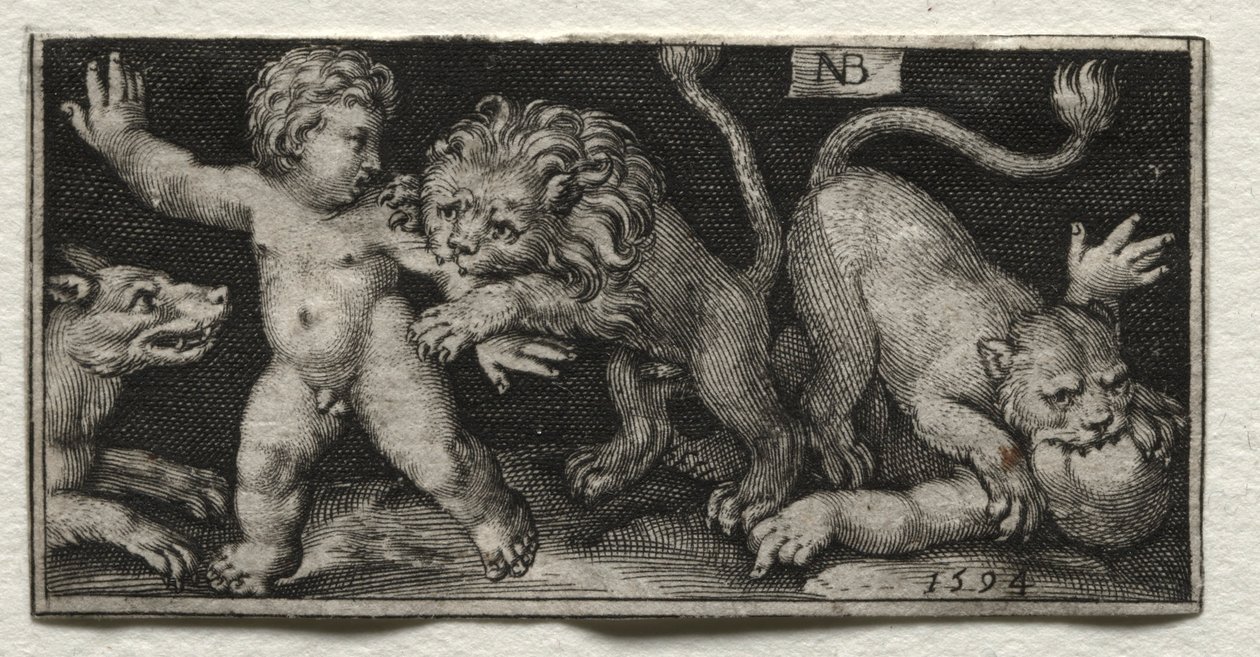 Löwen greifen Kinder an, 1594 von Nicolaes de Bruyn