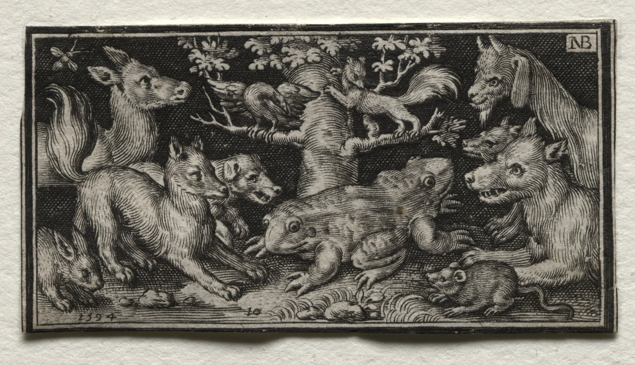 Zweiköpfiger Frosch umgeben von Tieren, 1594 von Nicolaes de Bruyn