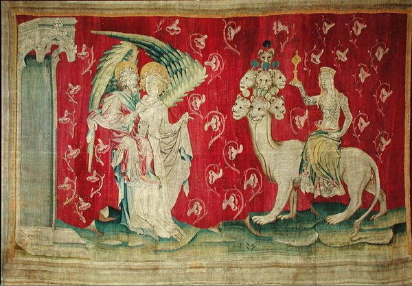 Die Hure, die das Tier reitet, Nr. 65 aus der Apokalypse von Angers, 1373-87 von Nicolas Bataille