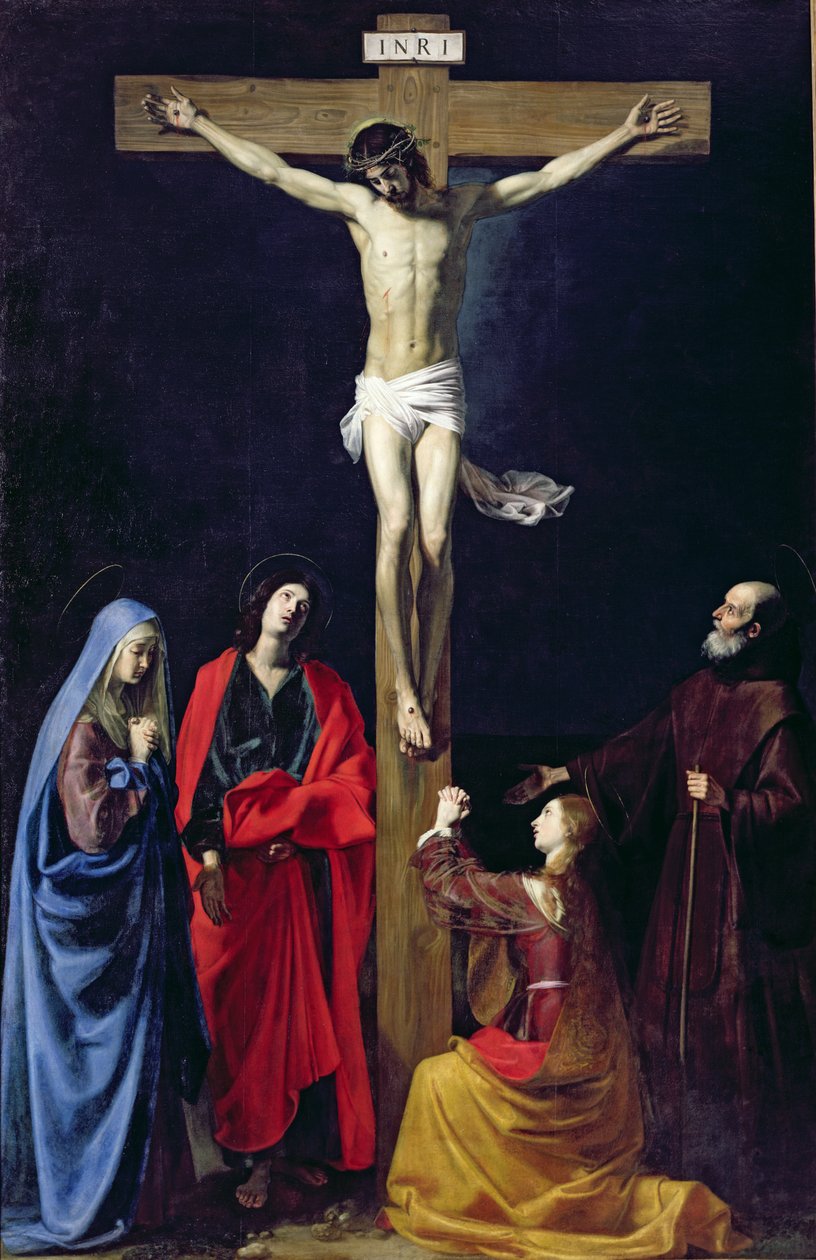 Christus am Kreuz mit der Jungfrau, Maria Magdalena, St. Johannes und St. Franziskus von Paola von Nicolas Tournier