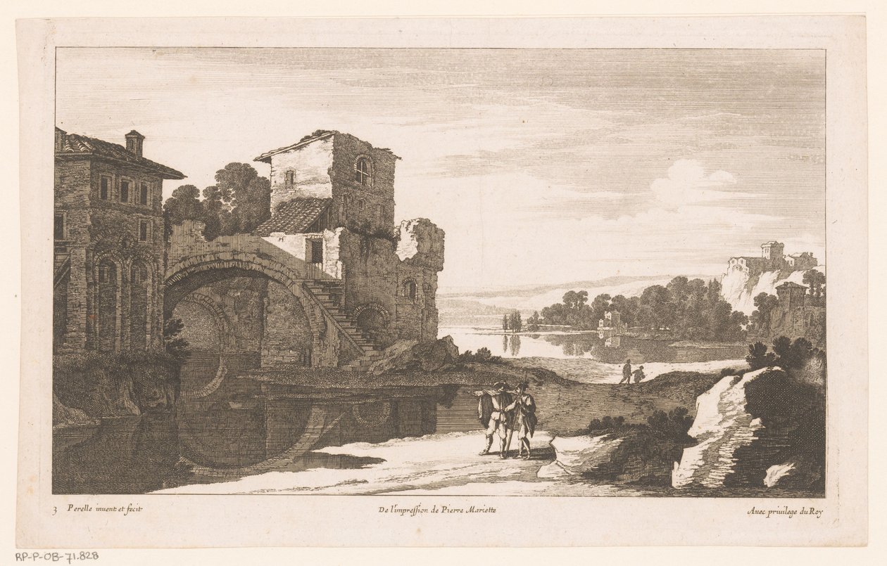 Flusslandschaft mit Ruine und Bogenbrücke von Nicolas Perelle