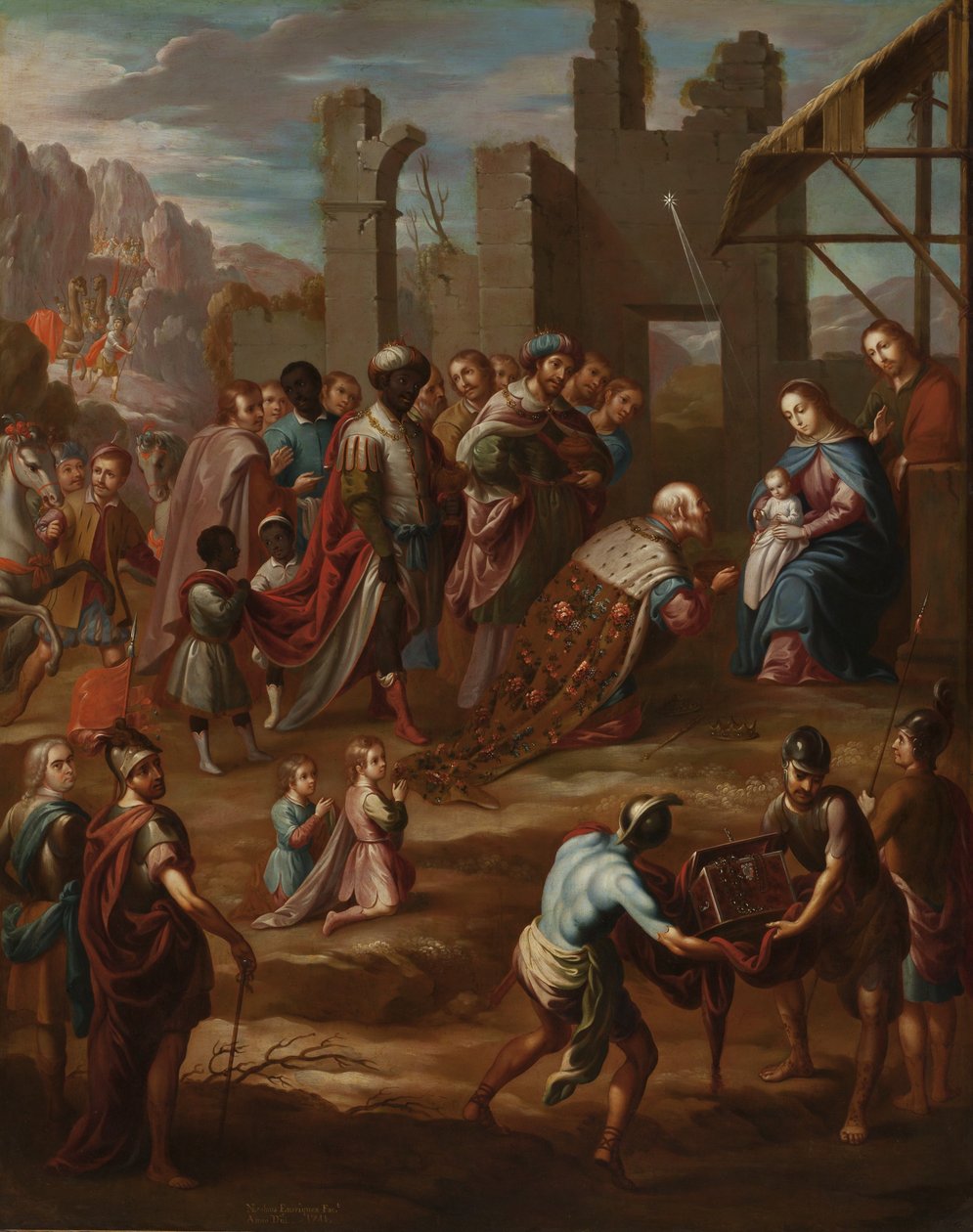 Die Anbetung der Könige mit Vizekönig Pedro de Castro y Figueroa, Herzog von La Conquista, 1741 von Nicolás Enríquez
