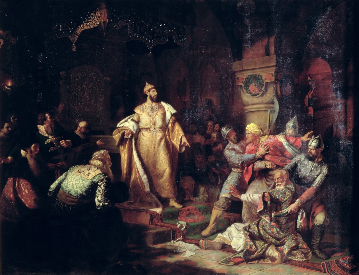 Zar Iwan III. zerreißt die Urkunde des Tataren-Khans, 1862 von Nikolai Semenovich Shustov