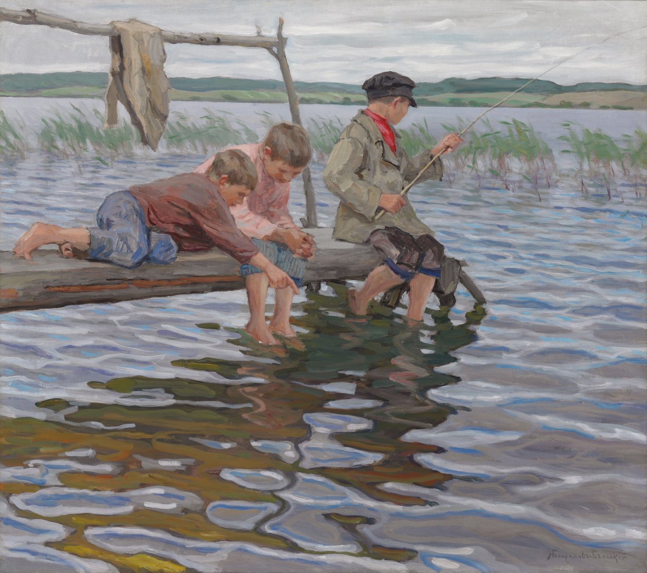 Jungen angeln von einem Pier von Nikolai Petrovich Bogdanov Belsky