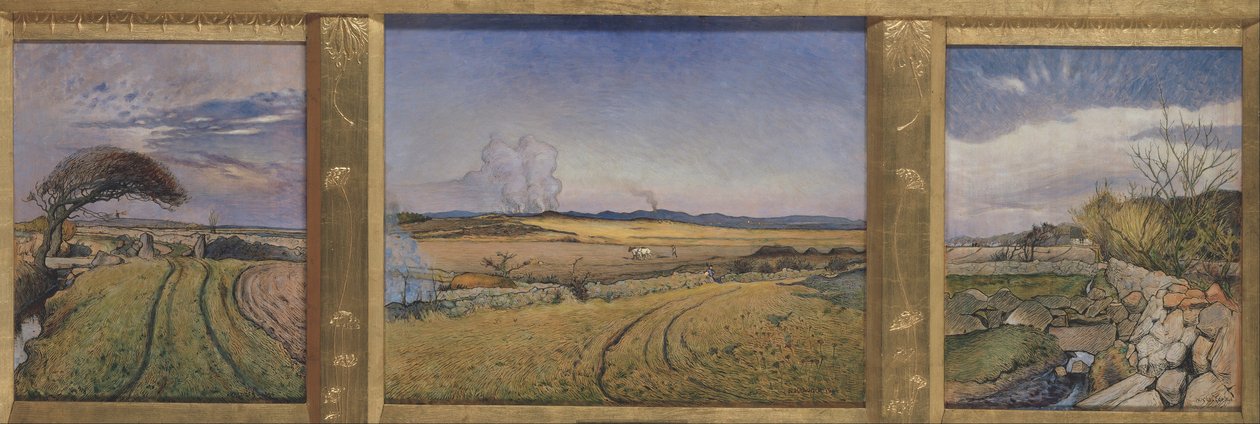 Frühling in Halland. Drei Gemälde in einem vom Künstler geschnitzten Rahmen von Nils Kreuger