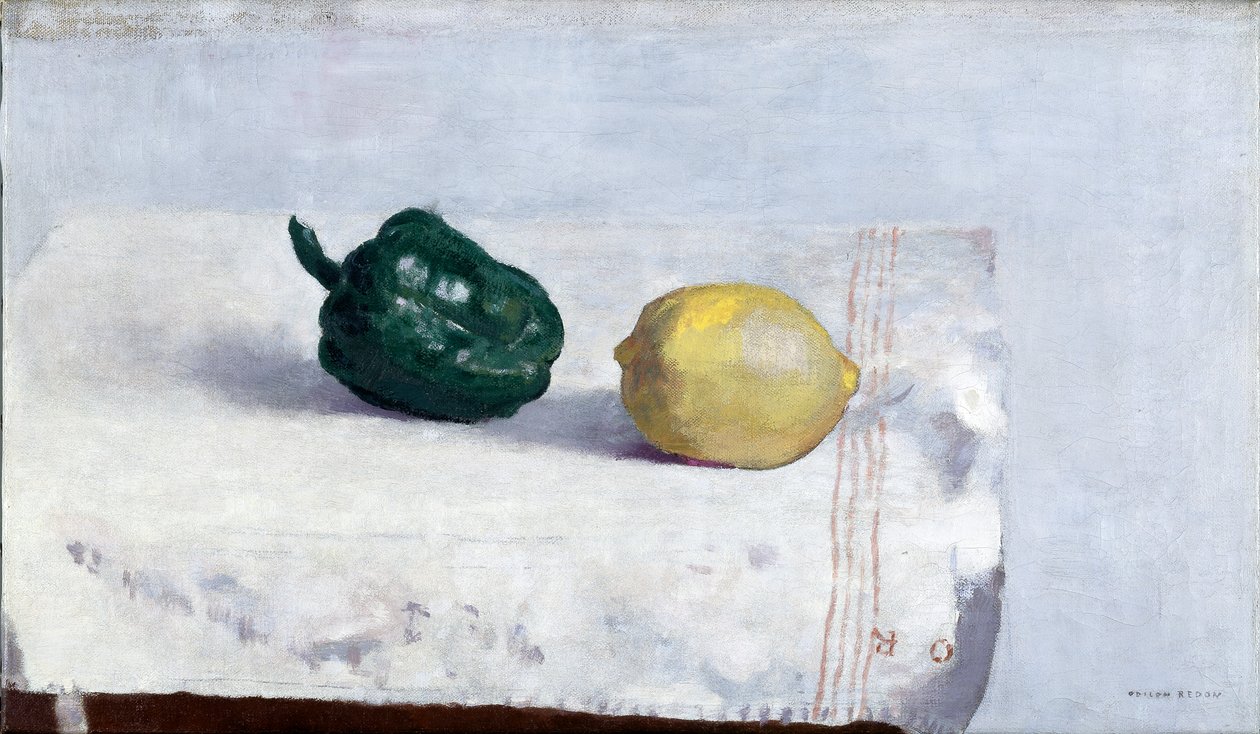 Pfeffer und Zitrone auf einem weißen Tischtuch, 1901 von Odilon Redon