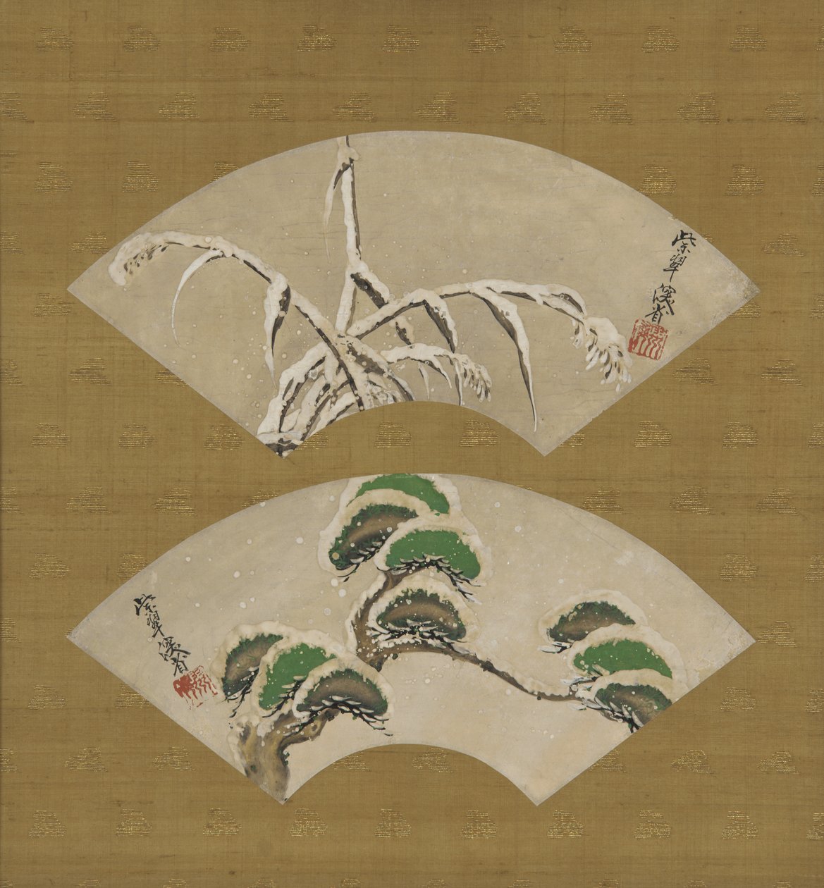 Schneebeladene Gräser und schneebeladene Kiefernzweige, Fächer von Ogata Kenzan