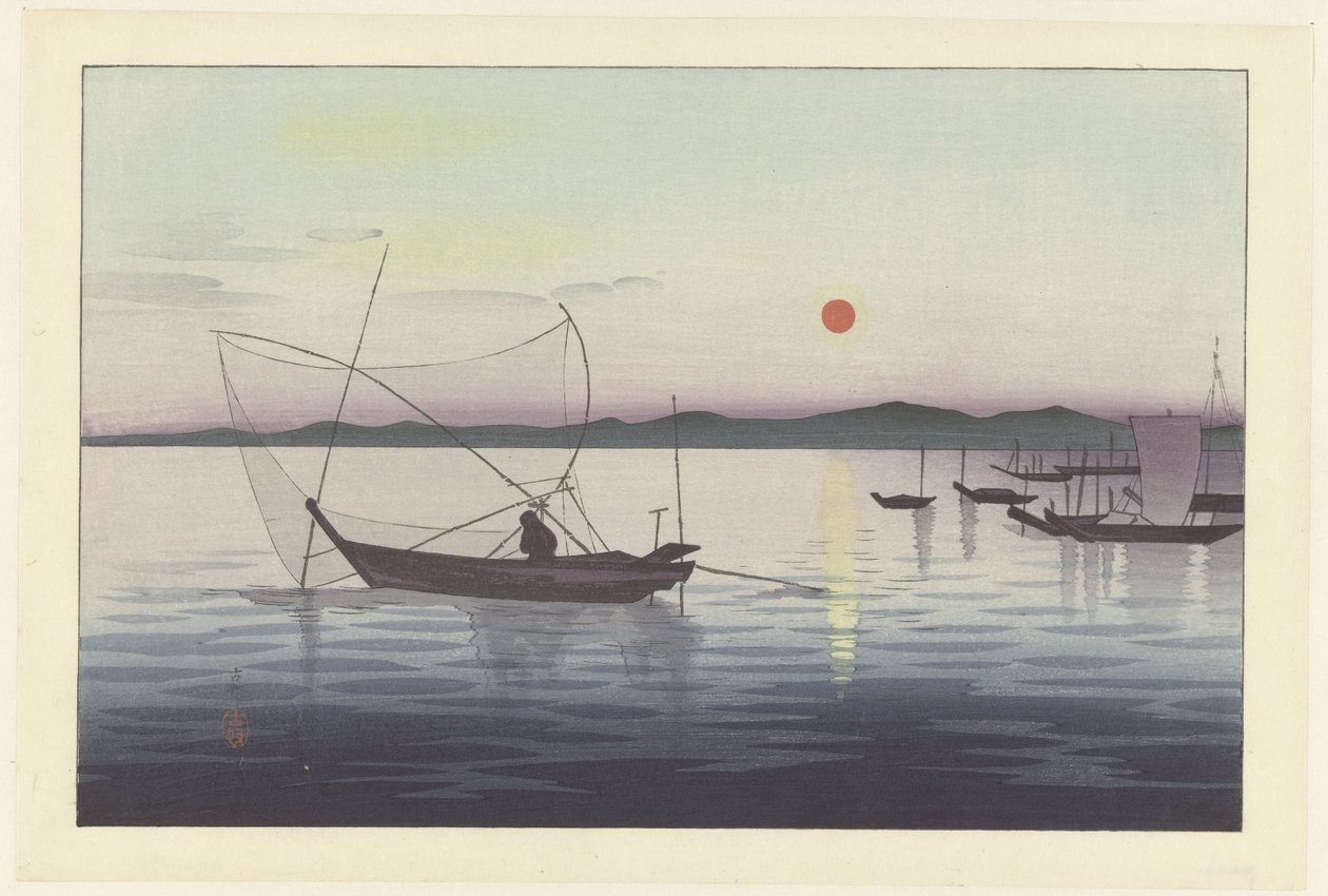 Boote und Sonnenuntergang von Ohara Koson