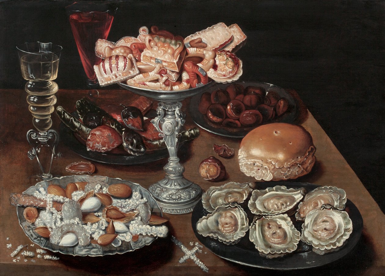 Mandeln, Austern, Süßigkeiten, Kastanien und Wein auf einem Holztisch, ca. 1605-30 von Osias the Elder Beert