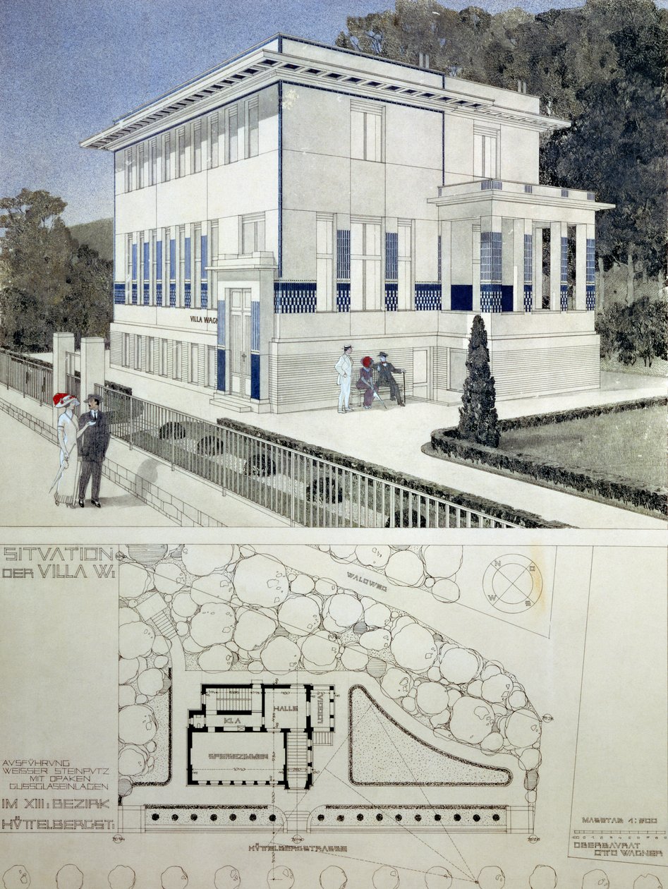 Villa Wagner, Wien, Entwurf zeigt das Äußere des Hauses, gebaut aus Stahl und Beton im strengen geometrischen Stil mit tiefblauen Paneelen und Nagelkopfschmuck, darunter ein Plan des Hauses von Otto Wagner