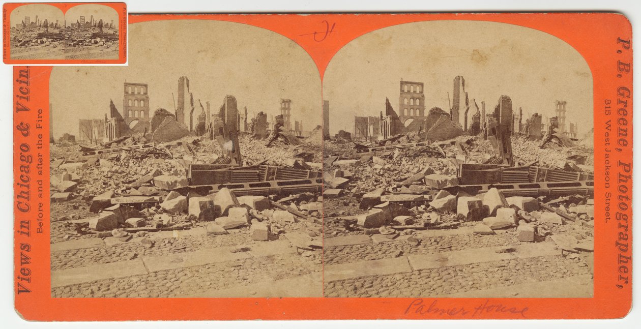 Stereofotografie des Palmer House nach dem Brand von Chicago 1871, 1871 von P.B. Greene