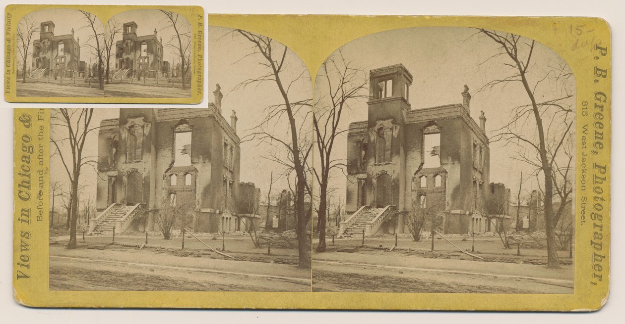 Stereofotografie des Rumsey House nach dem Brand von Chicago 1871, 1871 von P.B. Greene