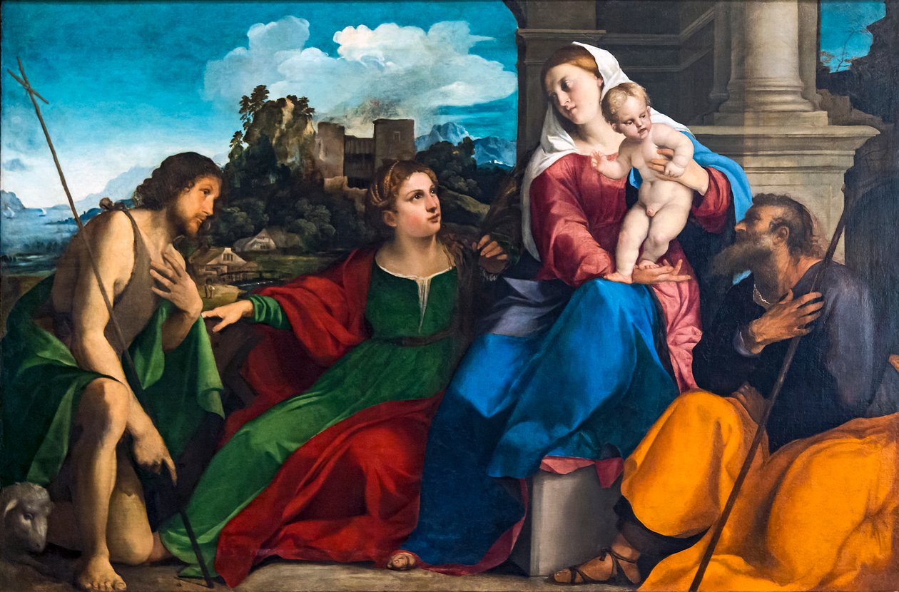 Heilige Familie mit den Heiligen Katharina von Alexandria und Johannes dem Täufer von Palma il Vecchio