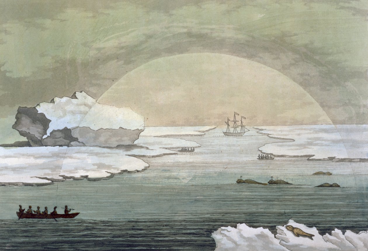 Ein eingefrorenes britisches Walfangboot wird durch die Sonnenstrahlen befreit, Baffin Bay, Juli 1817, aus 
