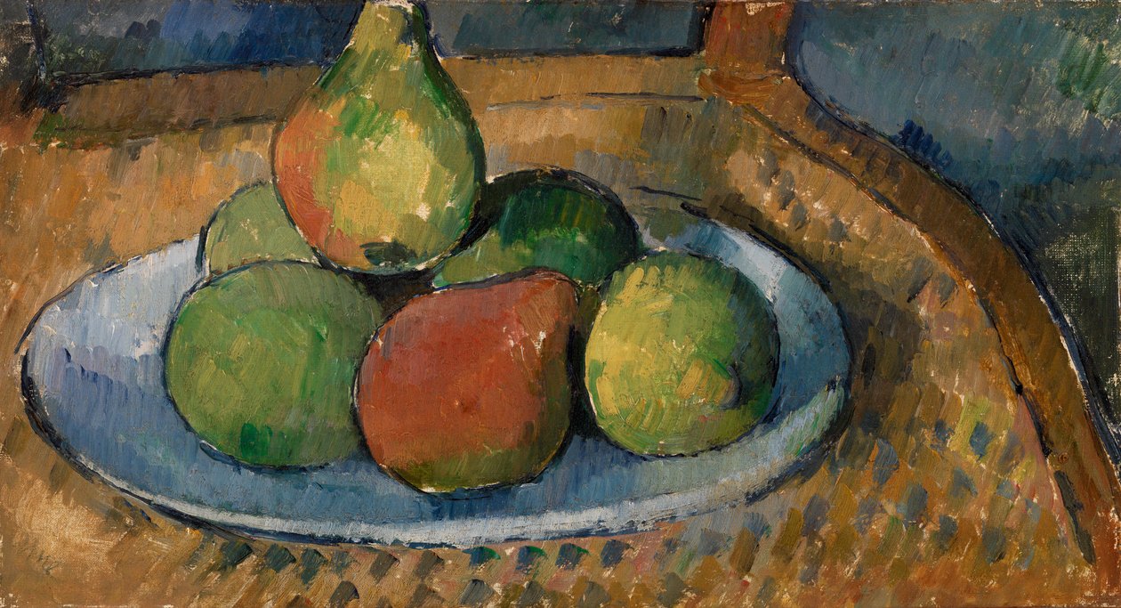 Teller mit Obst auf einem Stuhl, 1879-80 von Paul Cézanne