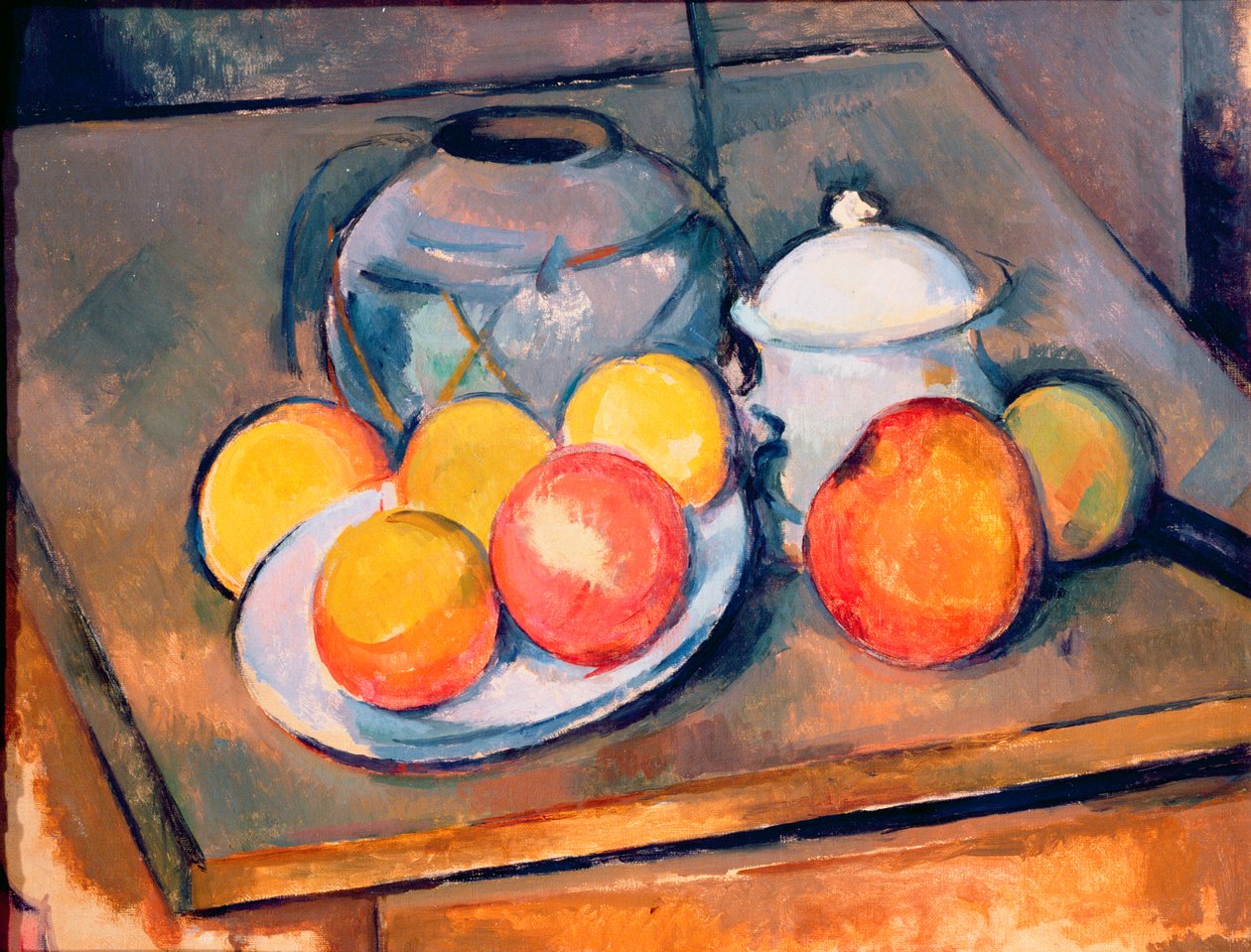 Mit Stroh bedeckte Vase, Zuckerdose und Äpfel, 1890-93 von Paul Cézanne