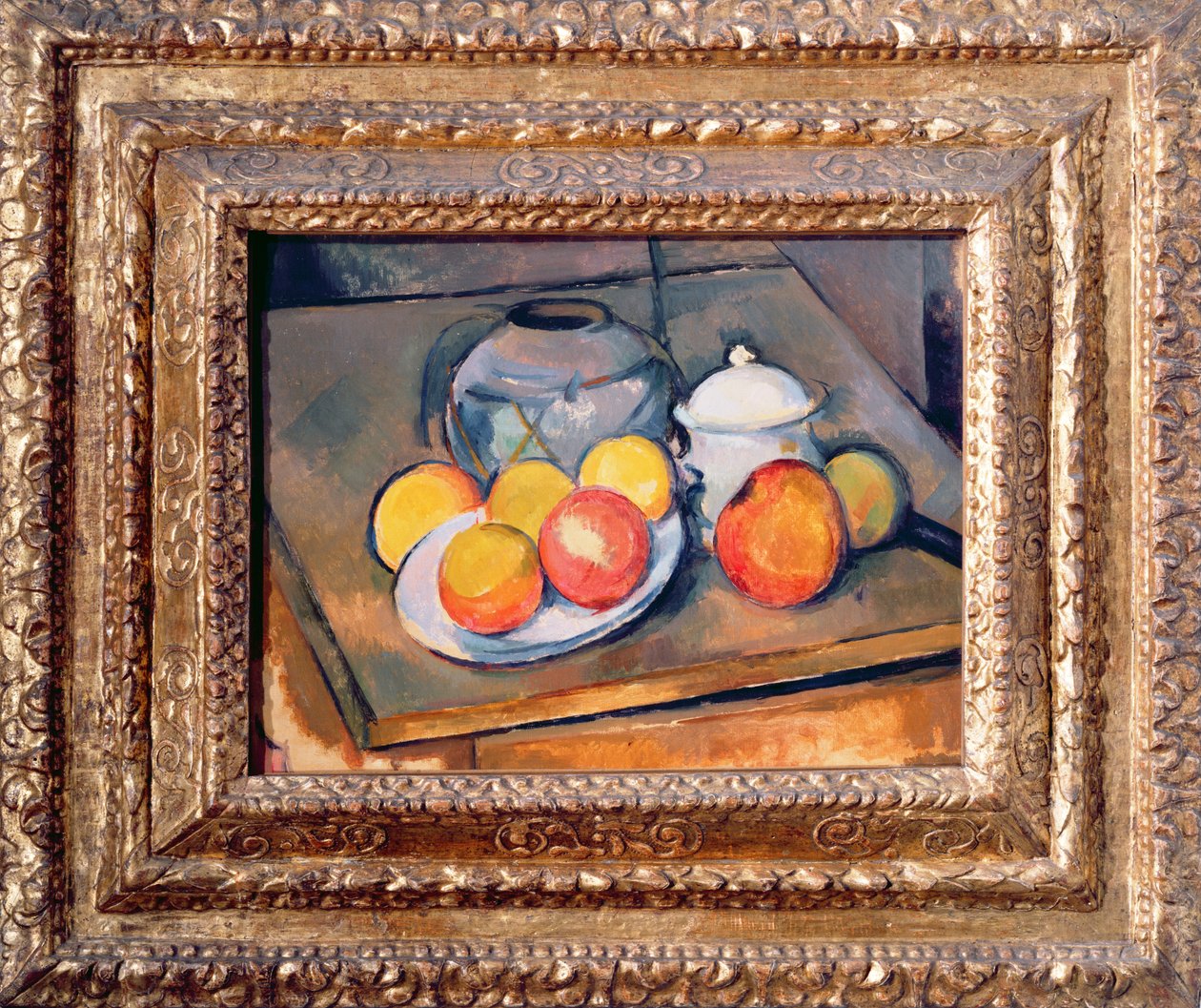 Strohgedeckte Vase, Zuckerdose und Äpfel, 1890-93 von Paul Cézanne
