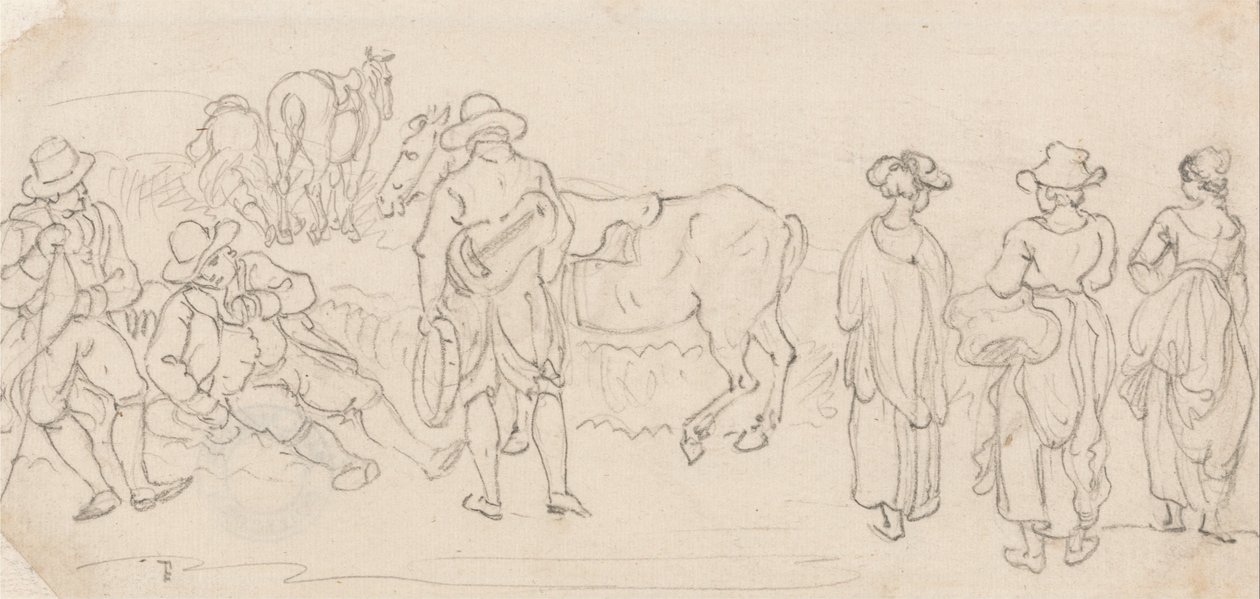 Figur mit Laute und Tamburin, mit anderen Figuren - Männer ruhen, Landfrauen, Pferde usw. von Paul Sandby
