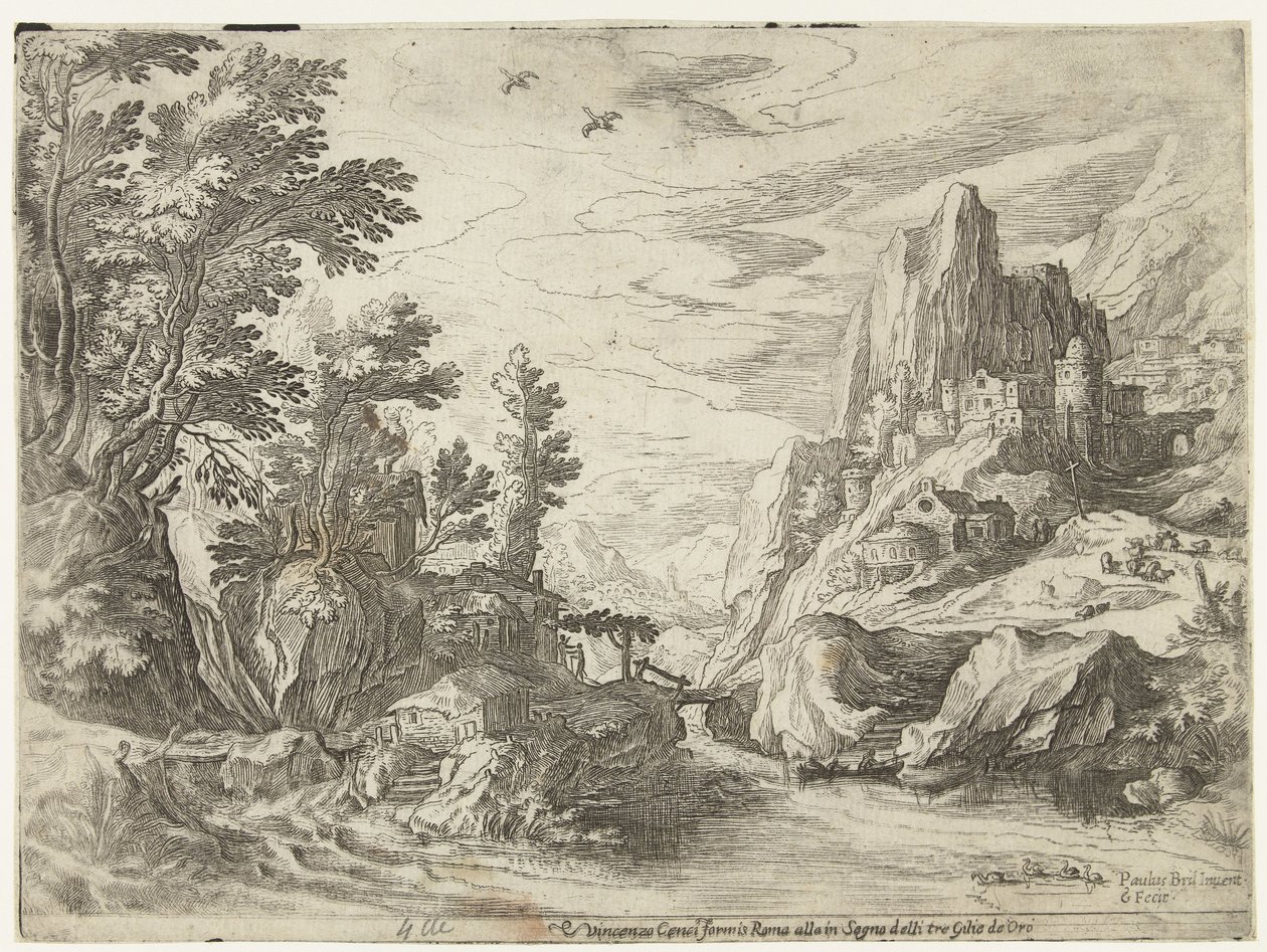Flusslandschaft in Kampanien mit Stadt auf Felsen von Paul Bril