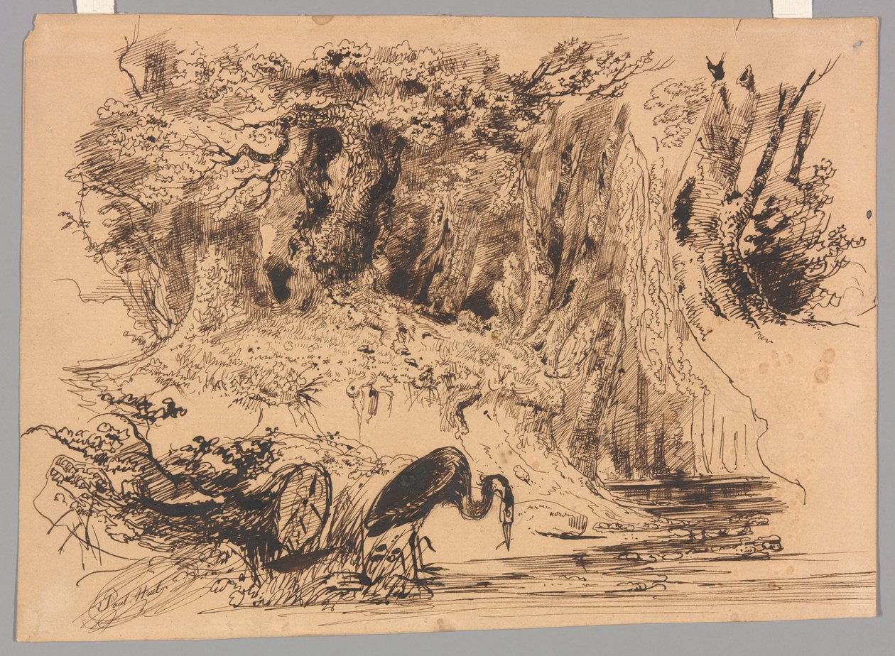 Waldteich mit Reiher von Paul Huet