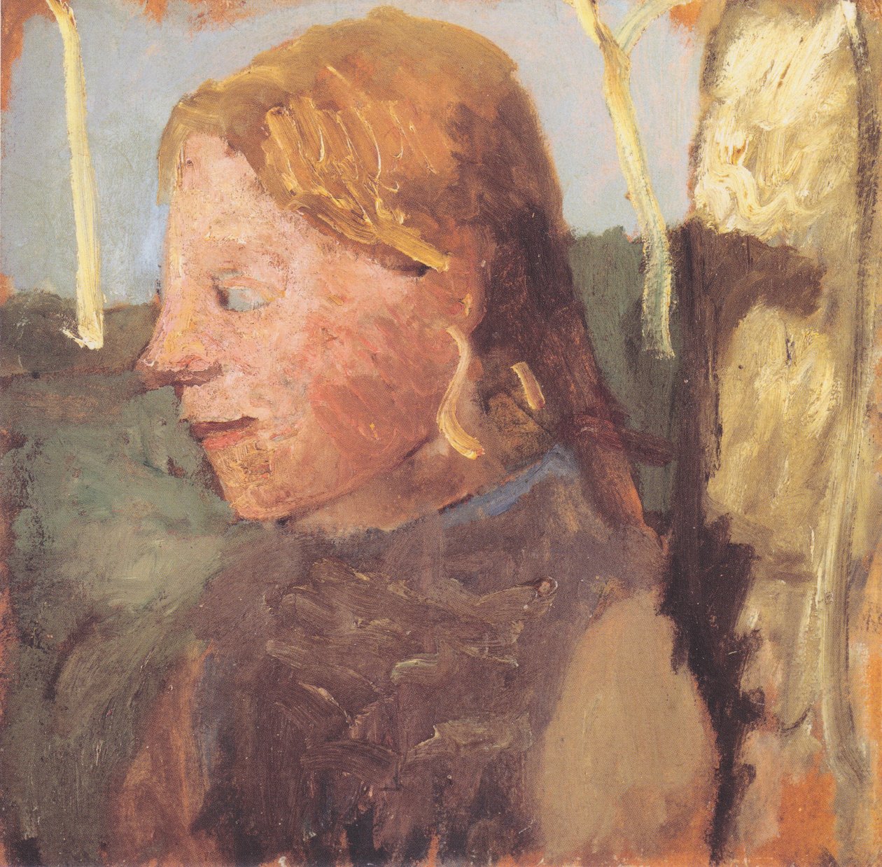Brustbild eines Mädchens im Profil neben einem Birkenstamm von Paula Modersohn Becker