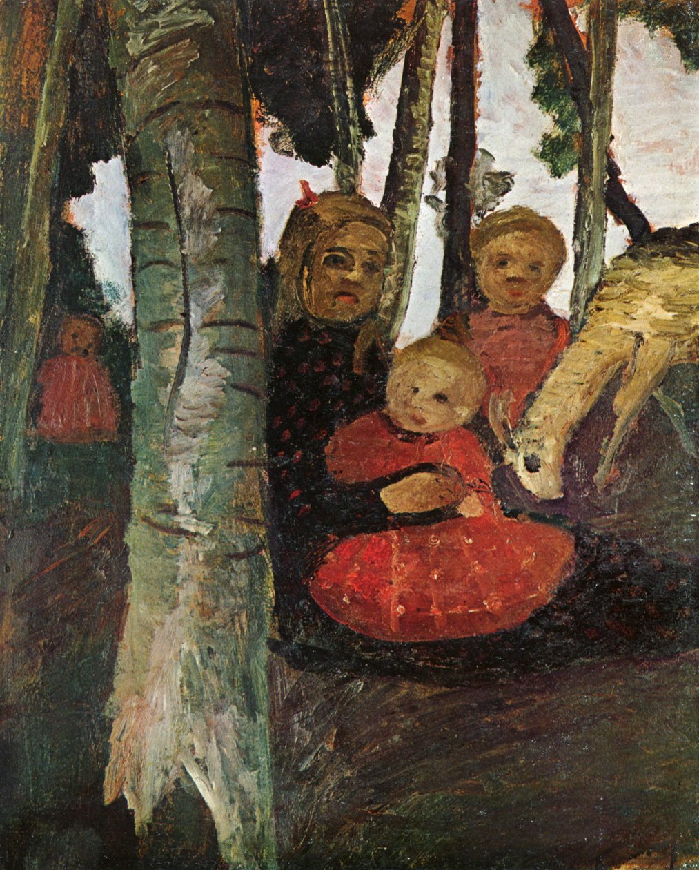 Drei Kinder mit Ziege im Birkenwald von Paula Modersohn Becker