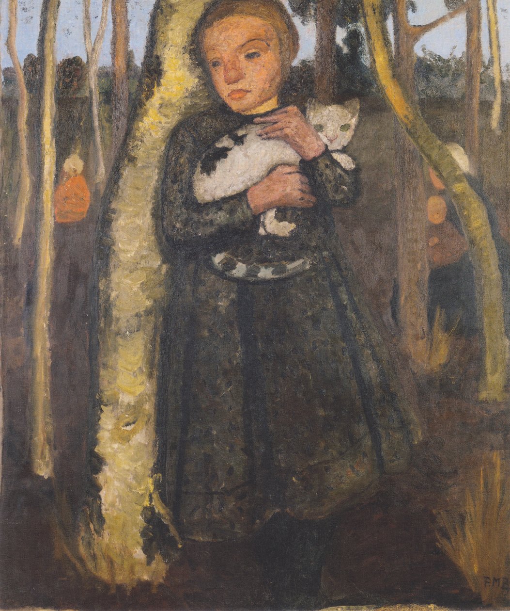 Mädchen im Birkenwald mit Katze von Paula Modersohn Becker