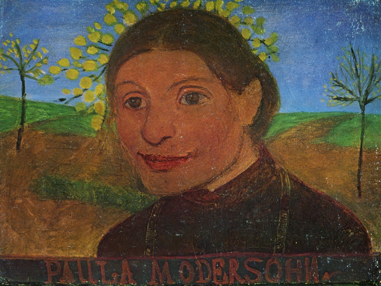 Selbstporträt vor blühenden Bäumen von Paula Modersohn Becker