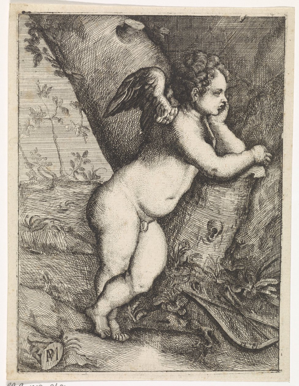 Amor sinnend an einem Baumstamm von Paulus Moreelse