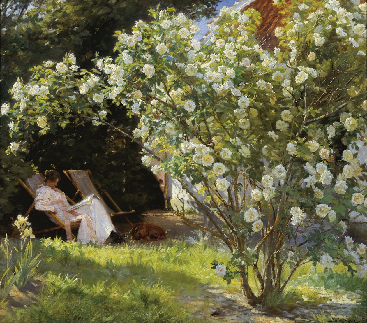 Marie Krøyer sitzt im Liegestuhl im Garten von Mrs. Bendsens Haus von Peder Severin Krøyer