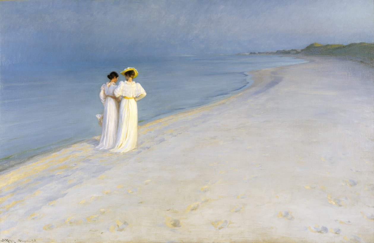 Sommerabend am Strand von Skagen. Anna Ancher und Marie Krøyer gehen zusammen spazieren. von Peder Severin Krøyer