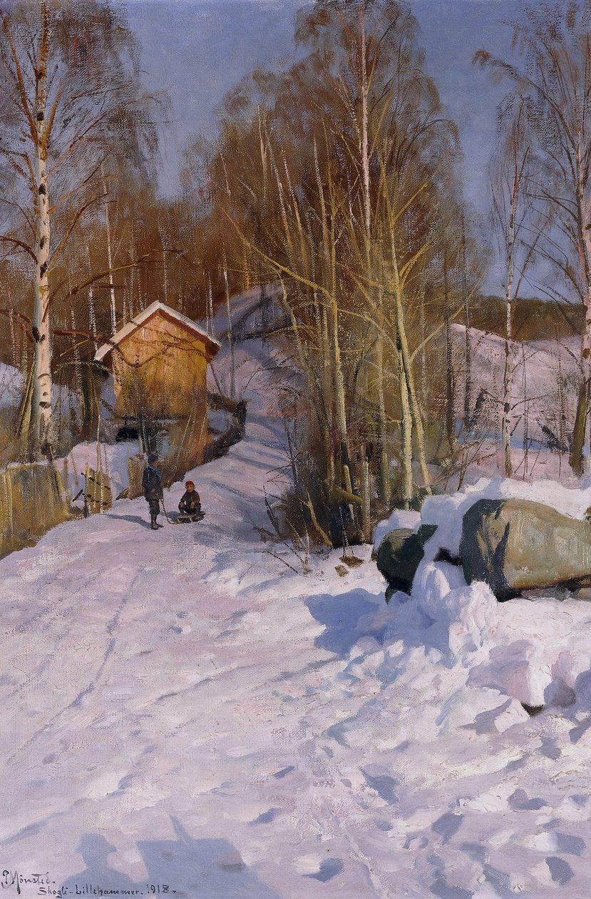 Eine Winterlandschaft mit Kindern beim Schlittenfahren von Peder Monsted