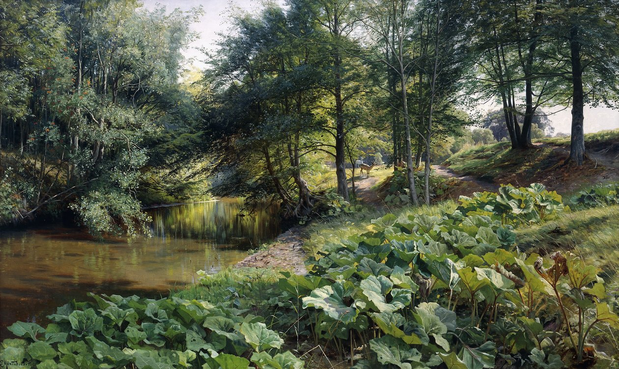 Waldlandschaft mit Fluss und Hirschen von Peder Monsted