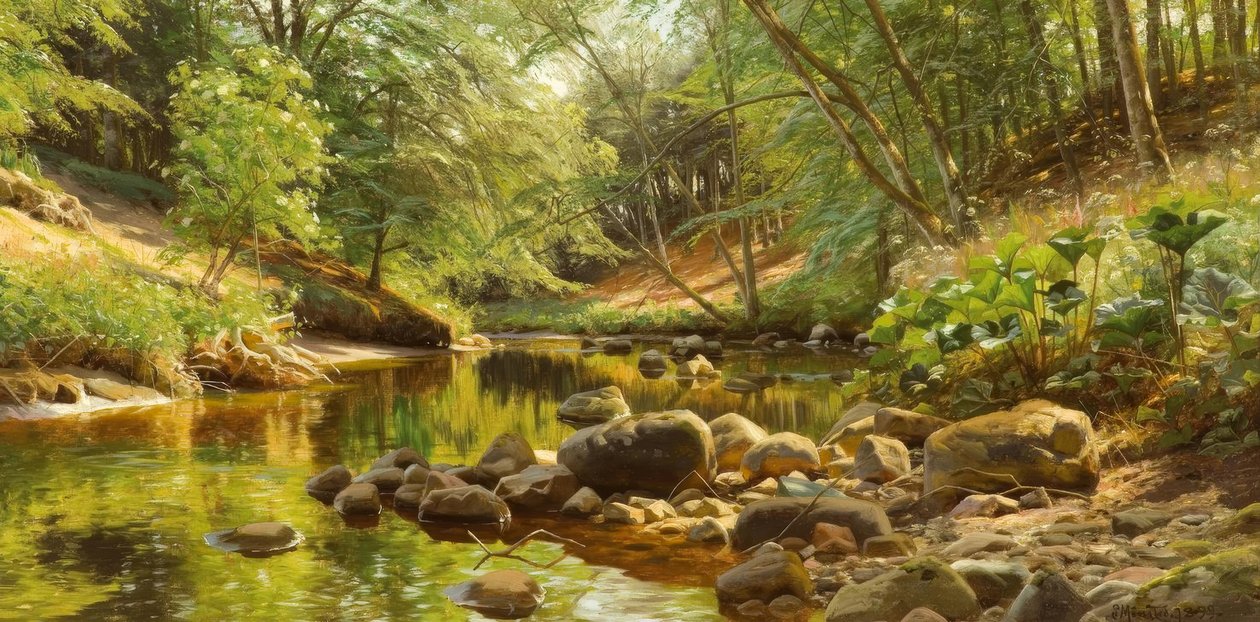 P. Mönsted, Sonniger Waldbach von Peder Monsted