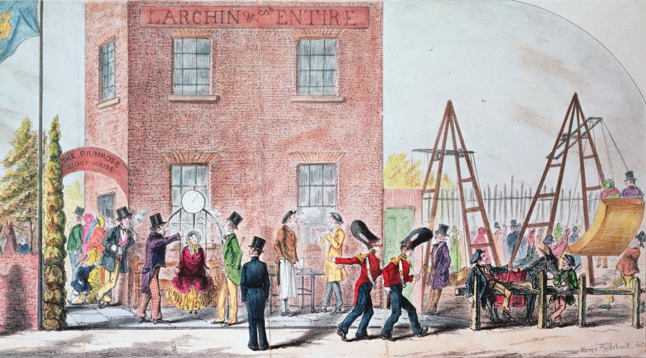 Jahrmarkt (Schaukeln) an der Primrose Tavern, Chalk Farm von Percy Cruikshank