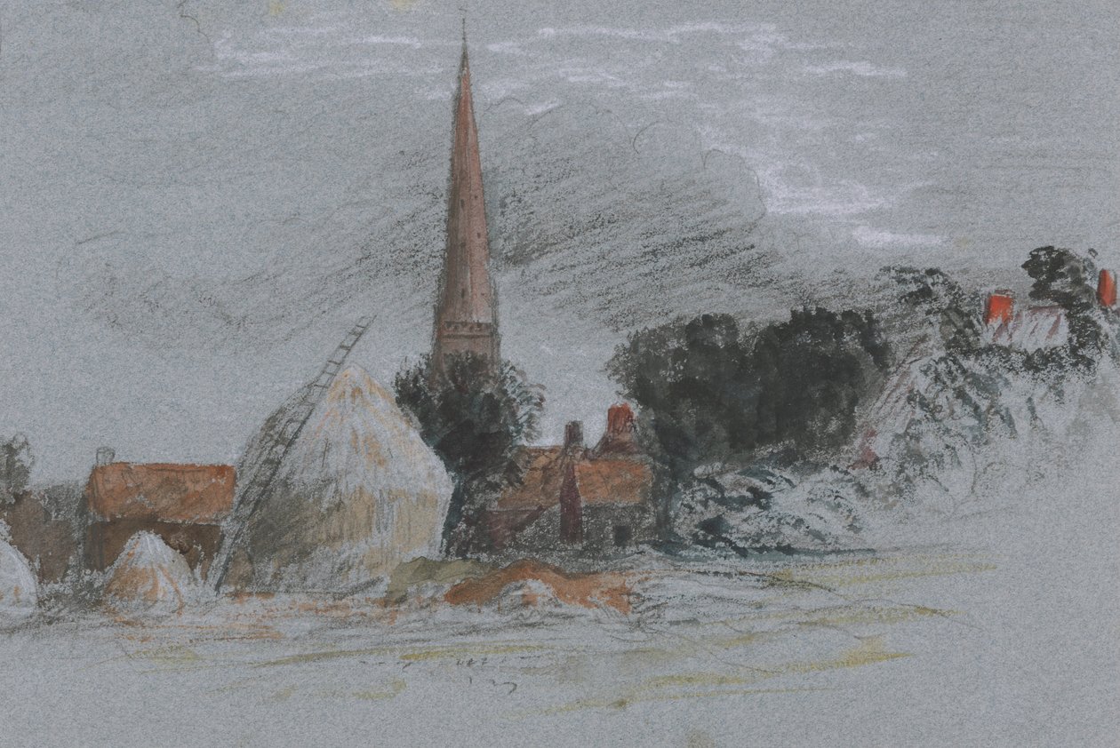 Landschaftsstudie - ein Heuhaufen in der Nähe einer Kirche von Peter de Wint