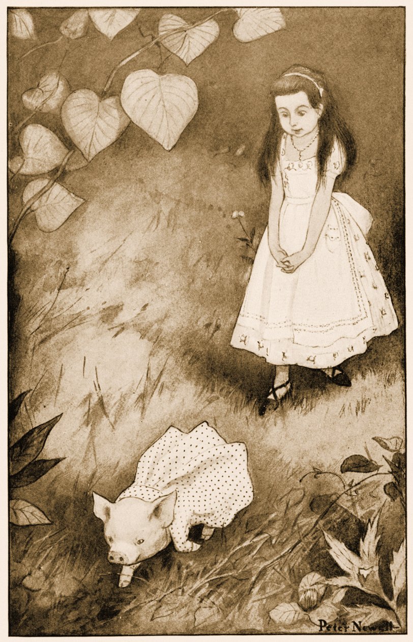 "Also setzte sie das kleine Wesen ab", Illustration für Lewis Carrolls Alice im Wunderland, 1901 von Peter Newell