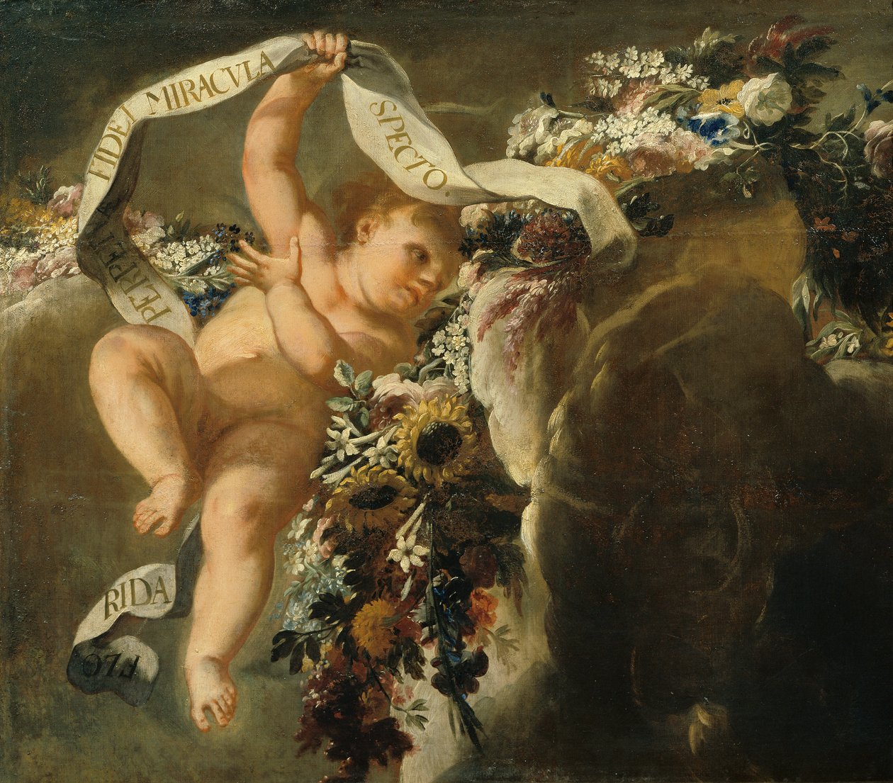 Putto mit Blumengewinde und Spruchband von Peter Strudel