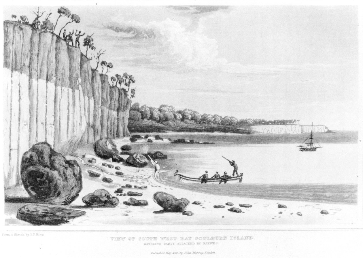 Wassertrupp von Eingeborenen in der Südwestbucht, Goulburn Island, angegriffen, aus 