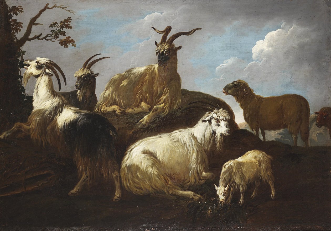 Ziegen und Schafe in einer Landschaft von Philipp Peter Roos