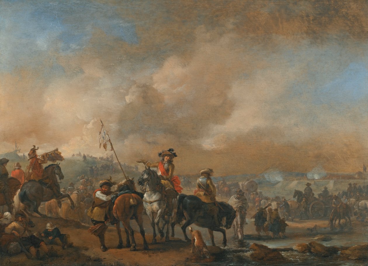 Kavallerie in Bewegung, eine Festung im Hintergrund belagert von Philips Wouwerman