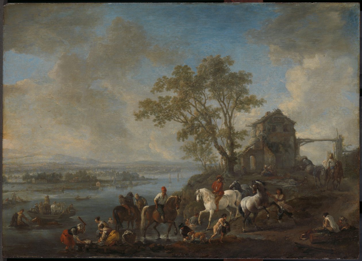 Pferdeteich an einem Fluss von Philips Wouwerman