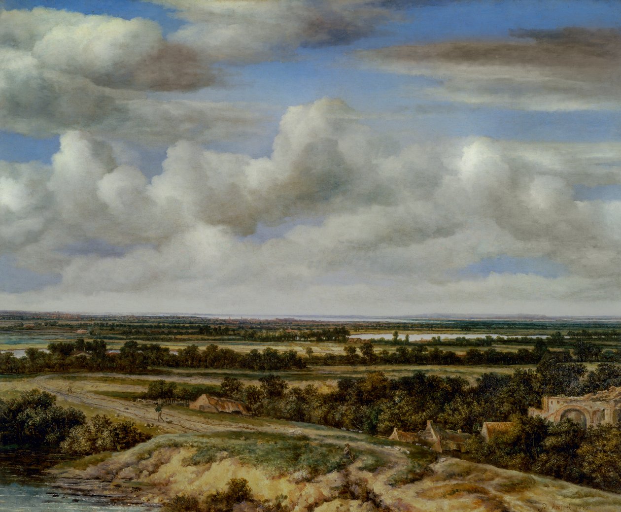 Weite Landschaft mit einer Straße an einem Fluss von Phillips de Koninck