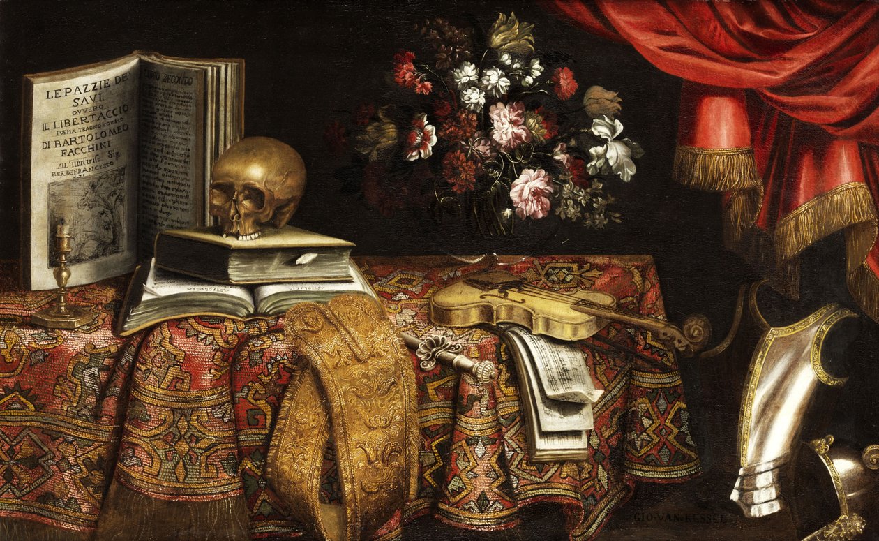 Vanitas-Stillleben mit Violine, Notenbuch, Blumenvase und Schädel von Pierfrancesco Cittadini
