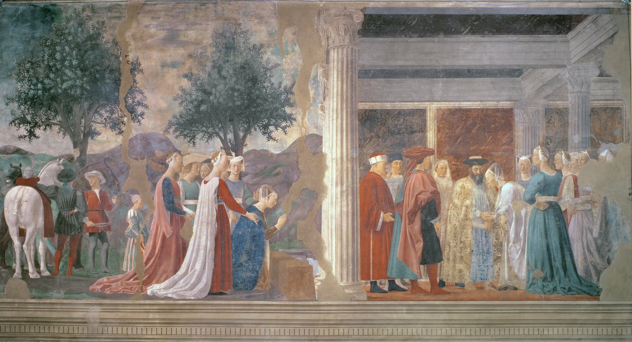 Die Königin von Saba verehrt das Holz des Wahren Kreuzes und Die Aufnahme der Königin von Saba durch König Salomo (ca. 1015-977) aus dem Zyklus der Legende des Wahren Kreuzes, vollendet 1464 von Piero della Francesca