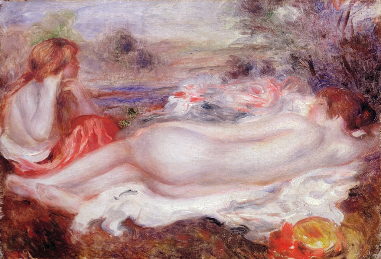 Badende liegend und ein junges Mädchen, das ihr Haar macht, 1896 von Pierre Auguste Renoir