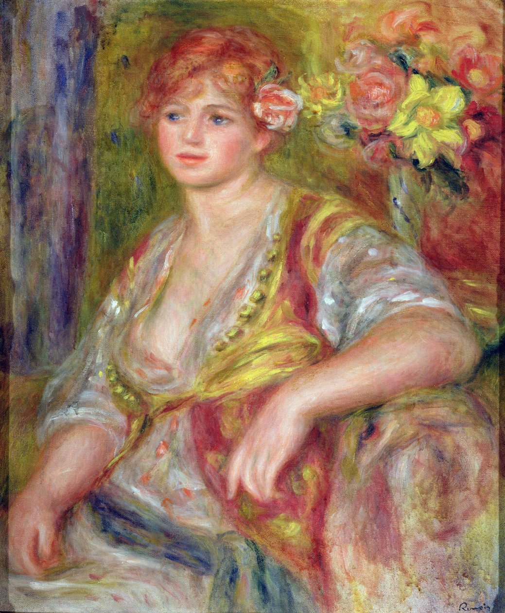 Blonde Frau mit einer Rose von Pierre Auguste Renoir